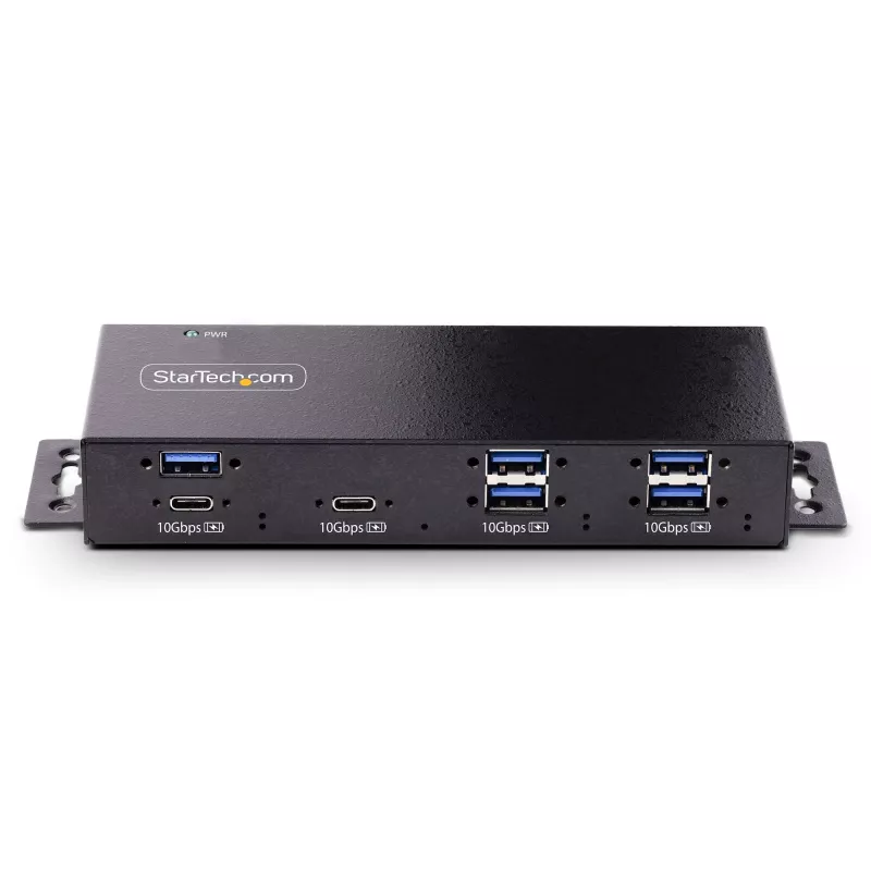 StarTech.com hub USB industrial de 7 puertos 10Gbps con fuente de alimentación, metal, montable, 5x puertos USB-A y 2x USB-C downstream, protección ESD, hub USB alimentado, TAA