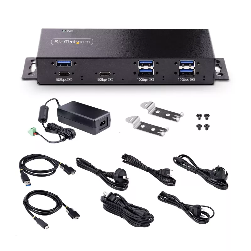 StarTech.com hub USB industrial de 7 puertos 10Gbps con fuente de alimentación, metal, montable, 5x puertos USB-A y 2x USB-C downstream, protección ESD, hub USB alimentado, TAA