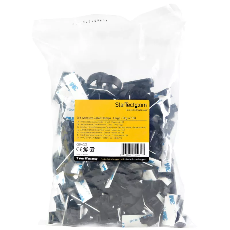 StarTech.com 100 clips de gestión de cables autoadhesivos negros - organizador de cables de red/Ethernet/escritorio de oficina/ordenador - soportes de cables/conductos adhesivos - clip autoadhesivo de nailon UL/94V-2 resistente al fuego
