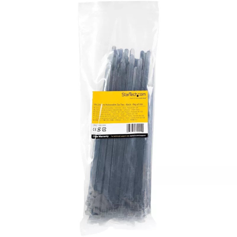 StarTech.com bridas reutilizables de 10 pulgadas (25cm) - 1/4 pulgadas (7mm) de ancho, 2-1/2 pulgadas (65mm) de diámetro de haz, 50lb (22kg) de resistencia a la tracción, bridas de nailon liberables, interior/exterior, 94V-2/UL listado, pack de 100 - negro