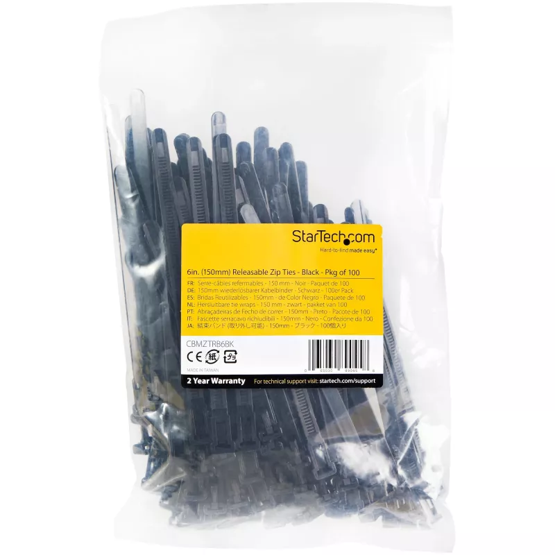 StarTech.com bridas reutilizables de 15 cm - 7 mm de ancho, 35 mm de diámetro de haz, 22 kg de resistencia a la tracción, bridas de nailon liberables, interior/exterior, 94V-2/UL listado, pack de 100 - negro
