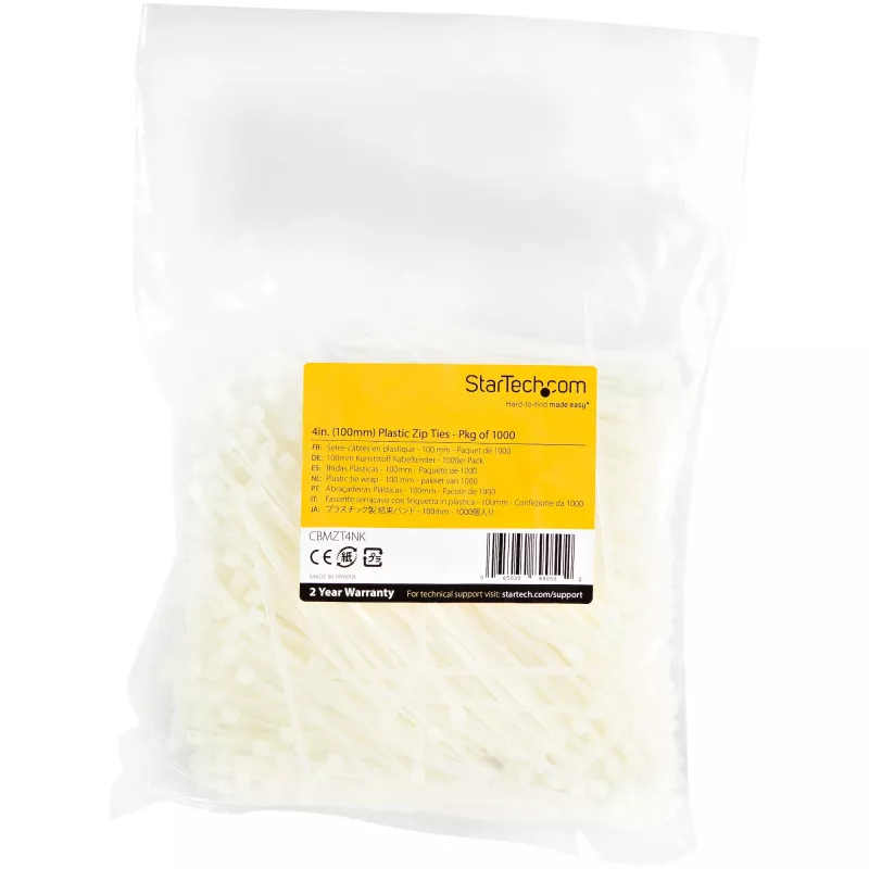 StarTech.com bridas de 4 pulgadas (10 cm) - 1,6 mm de ancho, 22 mm de diámetro de haz, 8 kg de resistencia a la tracción, bridas de nailon autoblocantes con punta curvada - 94V-2/UL listado, pack de 1000 - blanco