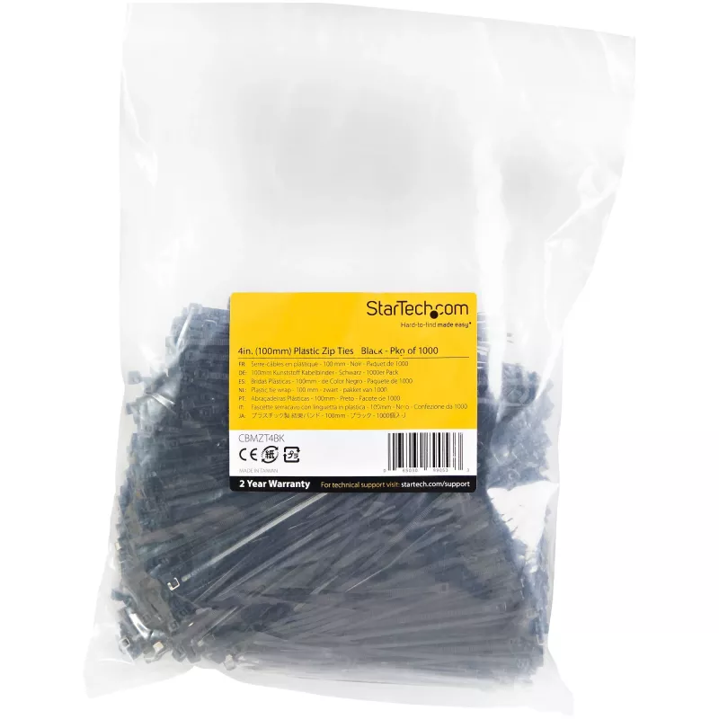 StarTech.com bridas de 4 pulgadas (10 cm) - 1/16 pulgadas (2 mm) de ancho, 7/8 pulgadas (22 mm) de diámetro de haz, 18 lb (8 kg) de resistencia a la tracción, bridas de nailon autoblocantes con punta curvada - 94V-2/UL listado, pack de 1000 - negro