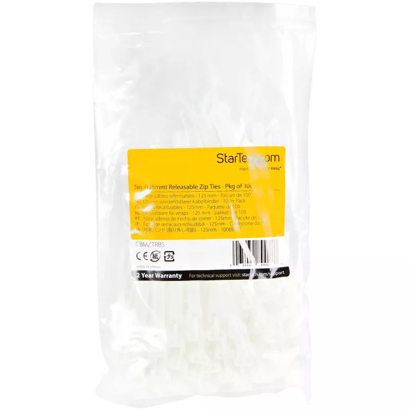 StarTech.com bridas reutilizables de 12 cm - 7 mm de ancho, 30 mm de diámetro de haz, 22 kg de resistencia a la tracción, bridas de nailon liberables, interior/exterior, 94V-2/UL listado, pack de 100 - blanco