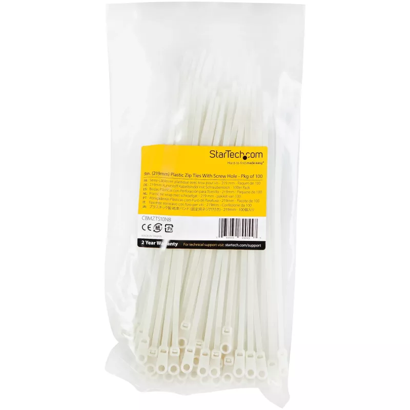 StarTech.com bridas de 8 pulgadas (20 cm) con orificio de montaje - 1/8 pulgadas (4 mm) de ancho, 2 pulgadas (52 mm) de diámetro de haz, 50 lb (22 kg) de resistencia a la tracción, bridas de nailon 66 autoblocantes con orificio para tornillo, listado UL, pack de 100
