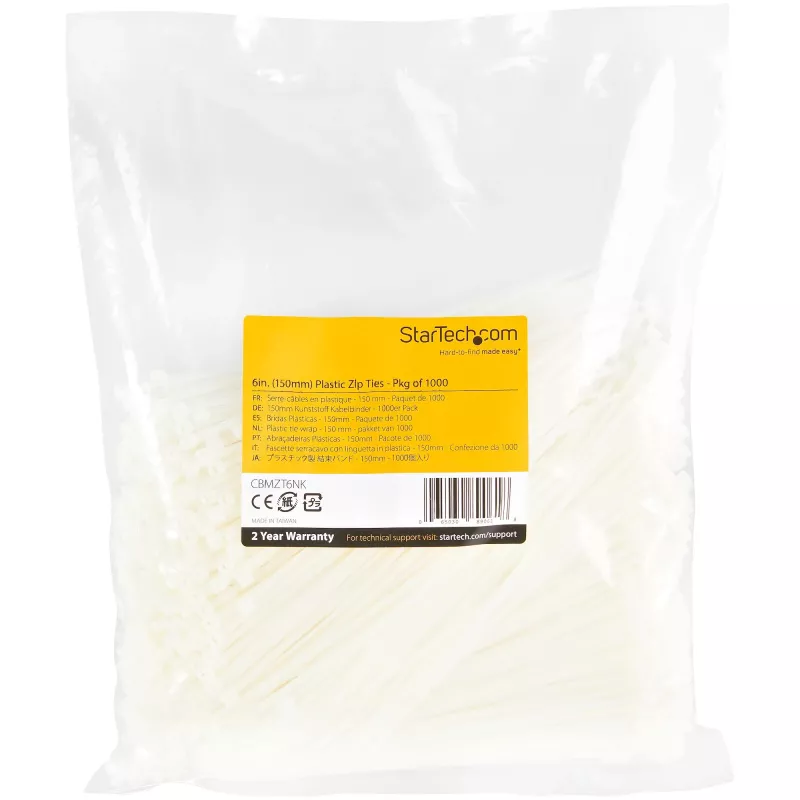 StarTech.com bridas de 15cm - 3mm de ancho, 39mm de diámetro de haz, 18kg de resistencia a la tracción, bridas de nailon autoblocantes con punta curvada - 94V-2/UL listado, pack de 1000 - blanco