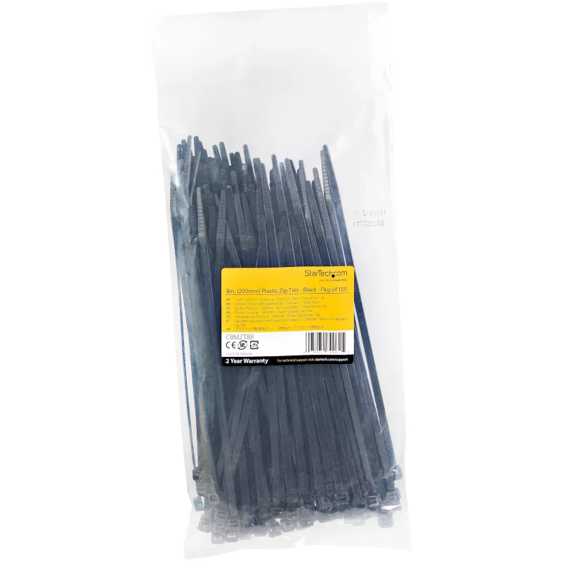 StarTech.com bridas de 20cm - 4mm de ancho, 55mm de diámetro de haz, 22kg de resistencia a la tracción, bridas de nailon autoblocantes con punta curvada - 94V-2/UL listado, pack de 100 - negro