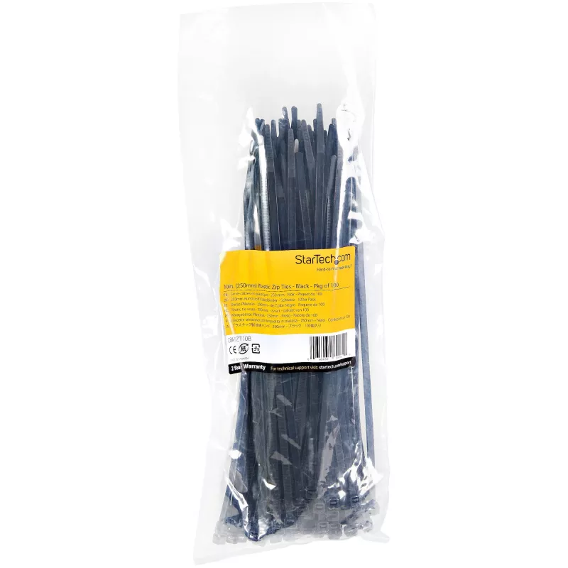 StarTech.com bridas de 25 cm - 4 mm de ancho, 68 mm de diámetro de haz, 22 kg de resistencia a la tracción, bridas de nailon autoblocantes con punta curvada - 94V-2/UL listado, pack de 100 - negro