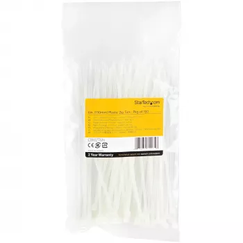 StarTech.com pack de 100 bridas de 6 pulgadas (15 cm) - 1/8 pulgadas (3,6 mm) de ancho, 1-3/8 pulgadas (39 mm) de diámetro de haz, 40 lb (18 kg) de resistencia a la tracción, bridas de nailon autoblocantes con punta curvada, listado UL, blanco - TAA