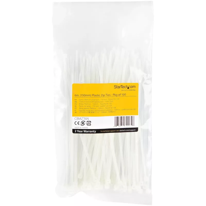 StarTech.com pack de 100 bridas de 6 pulgadas (15 cm) - 1/8 pulgadas (3,6 mm) de ancho, 1-3/8 pulgadas (39 mm) de diámetro de haz, 40 lb (18 kg) de resistencia a la tracción, bridas de nailon autoblocantes con punta curvada, listado UL, blanco - TAA