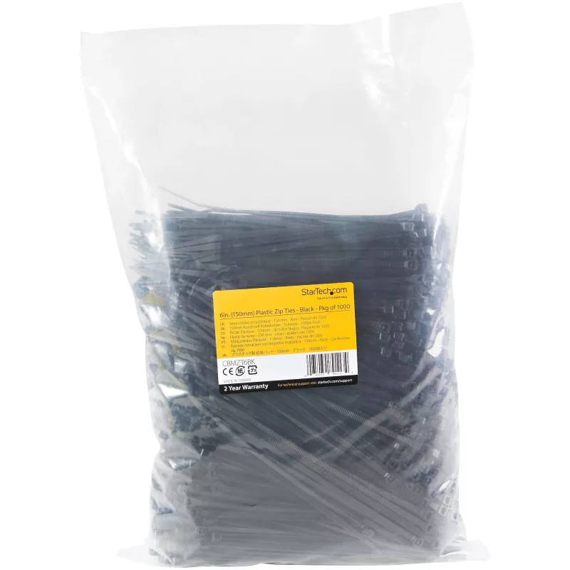 StarTech.com pack de 1000 bridas de 6 pulgadas (15 cm) - 1/8 pulgadas (3,6 mm) de ancho, 1-3/8 pulgadas (39 mm) de diámetro de haz, 18 kg de resistencia a la tracción, bridas de nailon autoblocantes con punta curvada, listado UL, negro - TAA