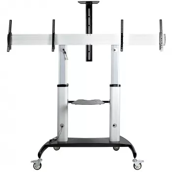 StarTech.com Carro de TV doble para televisores VESA de 37-60 pulgadas hasta 110lb/50kg cada uno - Soporte de TV ajustable en altura, carro móvil para pantallas con bandejas para equipos - Carro de TV con ruedas - Soporte de TV con ruedas