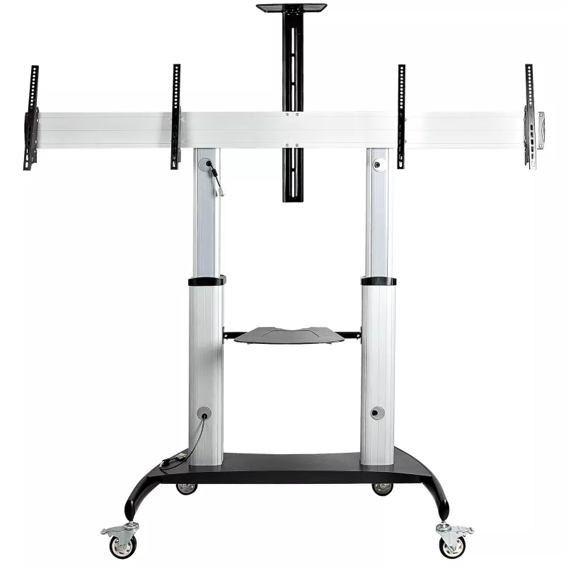 StarTech.com Carro de TV doble para televisores VESA de 37-60 pulgadas hasta 110lb/50kg cada uno - Soporte de TV ajustable en altura, carro móvil para pantallas con bandejas para equipos - Carro de TV con ruedas - Soporte de TV con ruedas