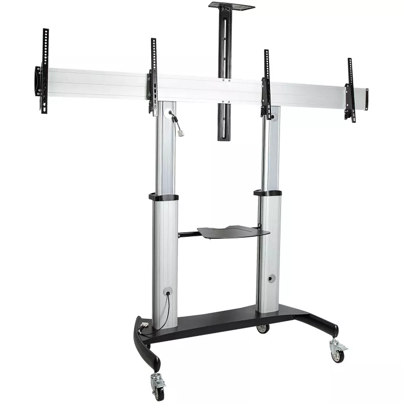 StarTech.com Carro de TV doble para televisores VESA de 37-60 pulgadas hasta 110lb/50kg cada uno - Soporte de TV ajustable en altura, carro móvil para pantallas con bandejas para equipos - Carro de TV con ruedas - Soporte de TV con ruedas