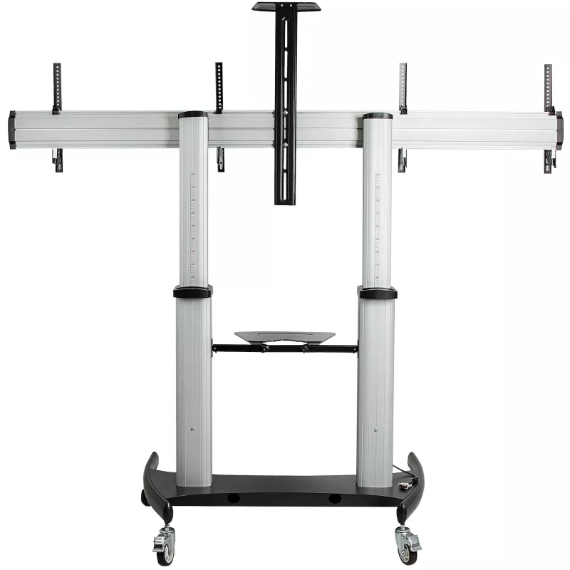 StarTech.com Carro de TV doble para televisores VESA de 37-60 pulgadas hasta 110lb/50kg cada uno - Soporte de TV ajustable en altura, carro móvil para pantallas con bandejas para equipos - Carro de TV con ruedas - Soporte de TV con ruedas