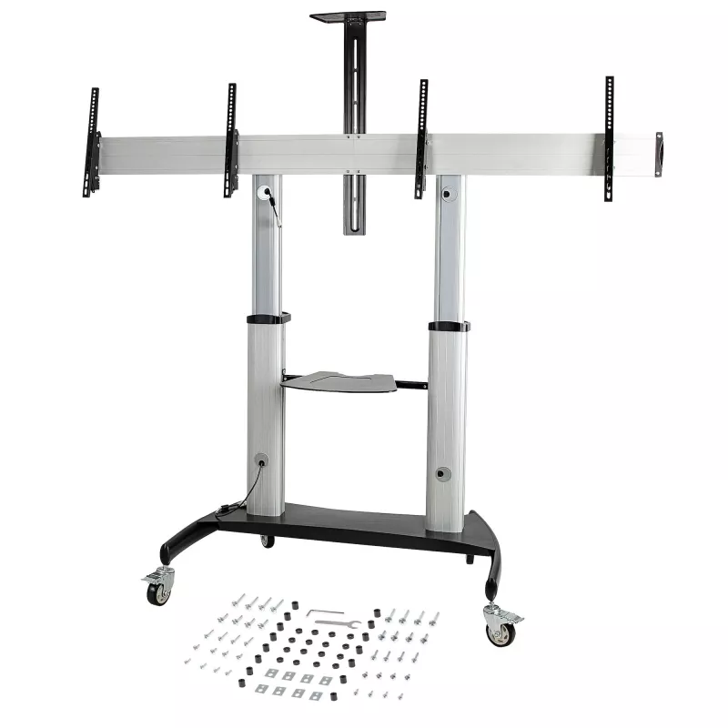 StarTech.com Carro de TV doble para televisores VESA de 37-60 pulgadas hasta 110lb/50kg cada uno - Soporte de TV ajustable en altura, carro móvil para pantallas con bandejas para equipos - Carro de TV con ruedas - Soporte de TV con ruedas