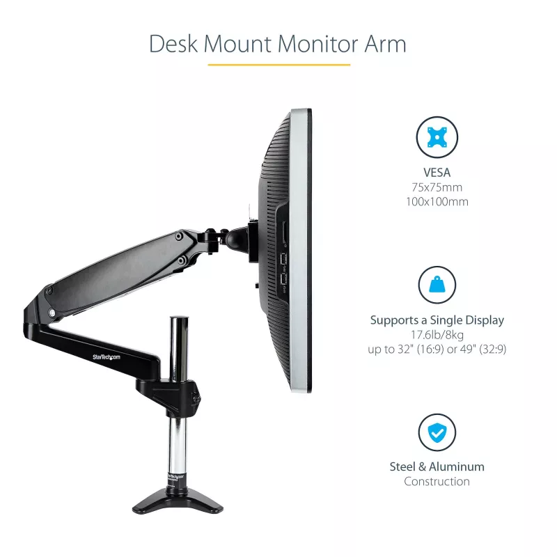 StarTech.com Soporte de monitor de escritorio para pantalla VESA única de hasta 32 pulgadas o 49 pulgadas ultrawide 8kg – articulado y ajustable en altura – pinza en C, paso por mesa – brazo para monitor único
