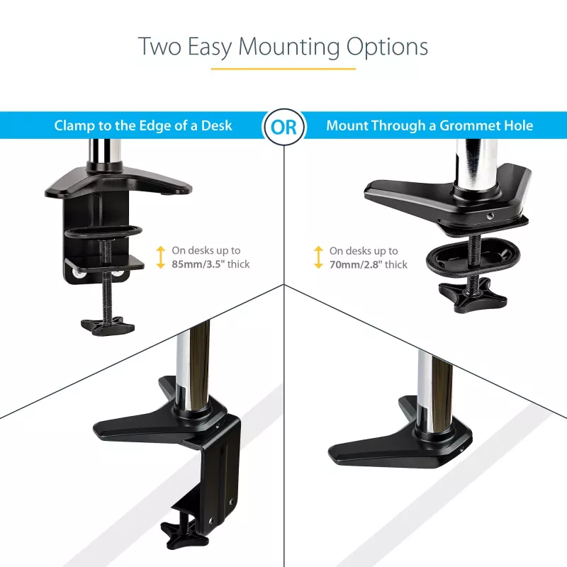 StarTech.com Soporte de monitor de escritorio para pantalla VESA única de hasta 32 pulgadas o 49 pulgadas ultrawide 8kg – articulado y ajustable en altura – pinza en C, paso por mesa – brazo para monitor único