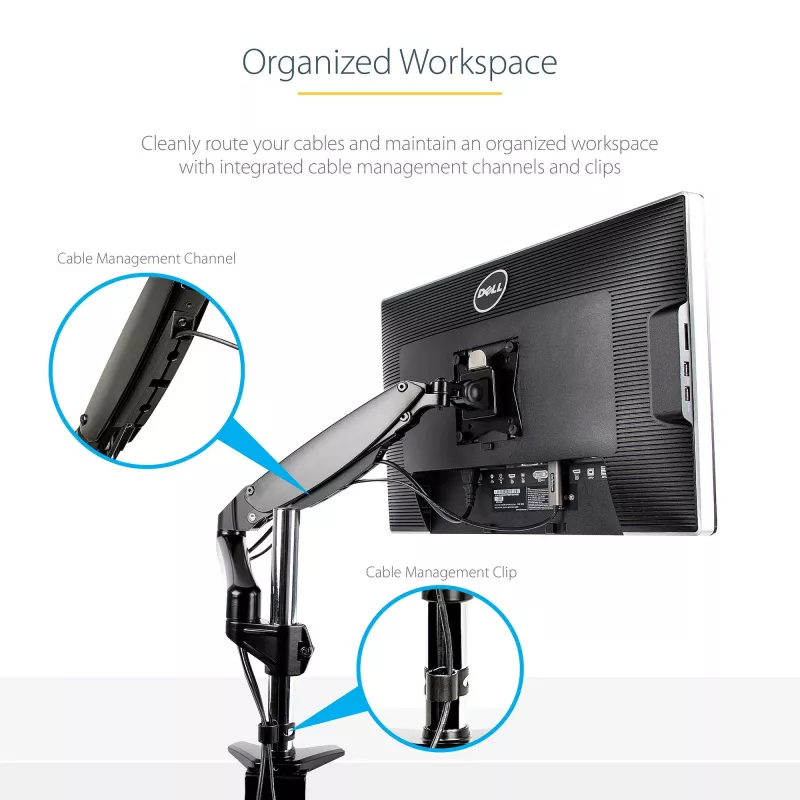 StarTech.com Soporte de monitor de escritorio para pantalla VESA única de hasta 32 pulgadas o 49 pulgadas ultrawide 8kg – articulado y ajustable en altura – pinza en C, paso por mesa – brazo para monitor único