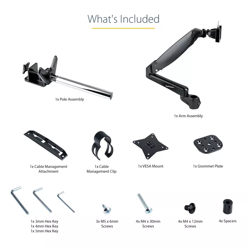 StarTech.com Soporte de monitor de escritorio para pantalla VESA única de hasta 32 pulgadas o 49 pulgadas ultrawide 8kg – articulado y ajustable en altura – pinza en C, paso por mesa – brazo para monitor único