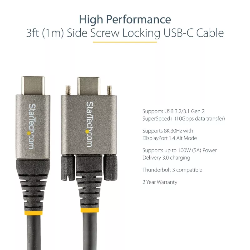 StarTech.com Cable USB-C con bloqueo por tornillo lateral de 50cm (20″) 10Gbps – Cable USB 3.1/3.2 Gen 2 Type-C – Carga Power Delivery 100W (5A), DP Alt Mode – Doble bloqueo por tornillo – Cable USB-C carga/sincronización