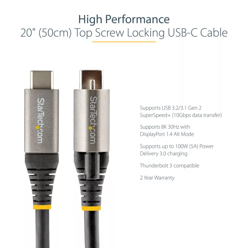 StarTech.com Cable USB-C con bloqueo por tornillo superior de 50 cm 10 Gbit/s – Cable USB 3.1/3.2 Gen 2 Type-C – Carga Power Delivery 100 W (5 A), DP Alt Mode – Bloqueo por tornillo simple, cable USB-C carga/sincronización
