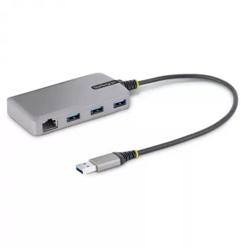 StarTech.com Hub USB de 3 puertos con Ethernet - 3 conectores USB-A - Gigabit Ethernet (RJ-45) - USB 3.0 5Gbit/s - Alimentado por bus - Cable de 30 cm - Adaptador hub USB portátil para portátil con GbE