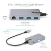StarTech.com Hub USB de 3 puertos con Ethernet - 3 conectores USB-A - Gigabit Ethernet (RJ-45) - USB 3.0 5Gbit/s - Alimentado por bus - Cable de 30 cm - Adaptador hub USB portátil para portátil con GbE