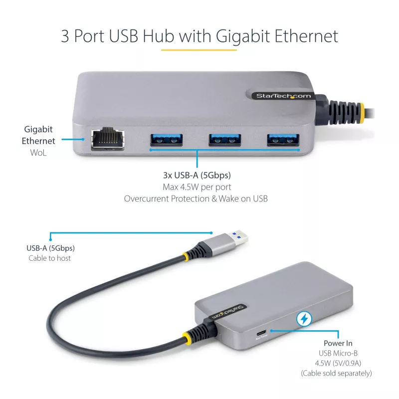 StarTech.com Hub USB de 3 puertos con Ethernet - 3 conectores USB-A - Gigabit Ethernet (RJ-45) - USB 3.0 5Gbit/s - Alimentado por bus - Cable de 30 cm - Adaptador hub USB portátil para portátil con GbE