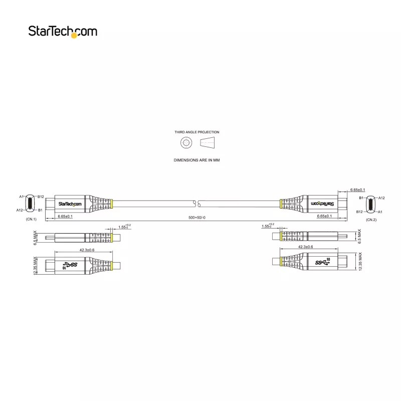 StarTech.com Cable USB-C de 20 pulgadas (50 cm) 10 Gbit/s – Cable USB 3.1 Type-C – Carga Power Delivery 100 W (5 A), DP Alt Mode – Cable USB-C para portátil/teléfono/dispositivo USB-C – Carga/sincronización