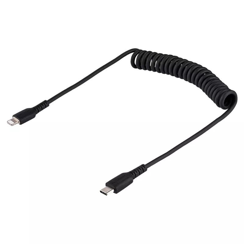 StarTech.com Cable USB-C a Lightning de 1m (3ft), certificado MFi, cable de carga iPhone en espiral, negro, funda TPE resistente de fibra de aramida, cable Lightning en espiral duradero