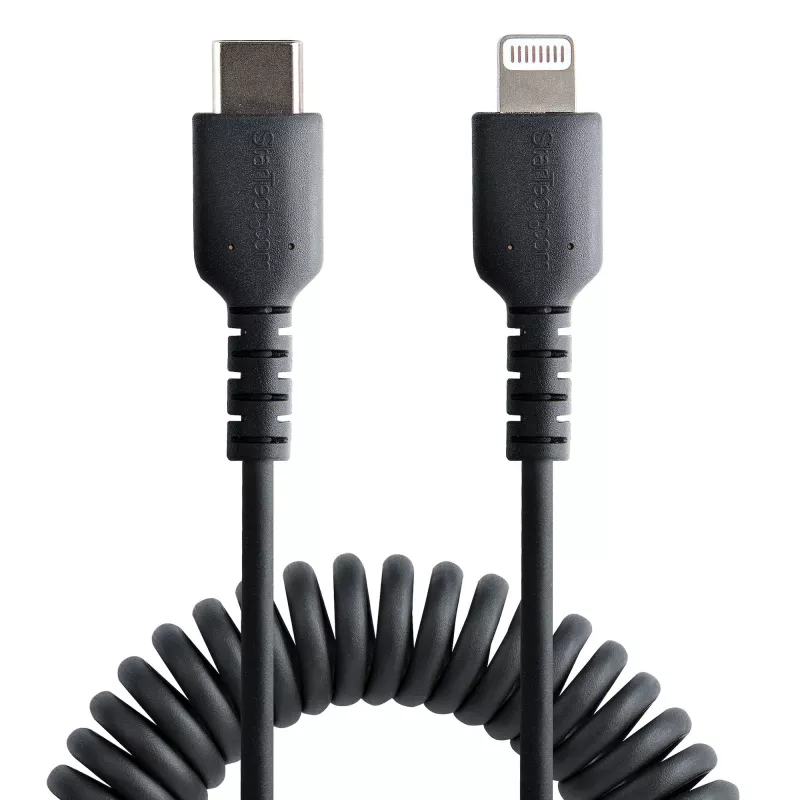 StarTech.com Cable USB-C a Lightning de 1m (3ft), certificado MFi, cable de carga iPhone en espiral, negro, funda TPE resistente de fibra de aramida, cable Lightning en espiral duradero