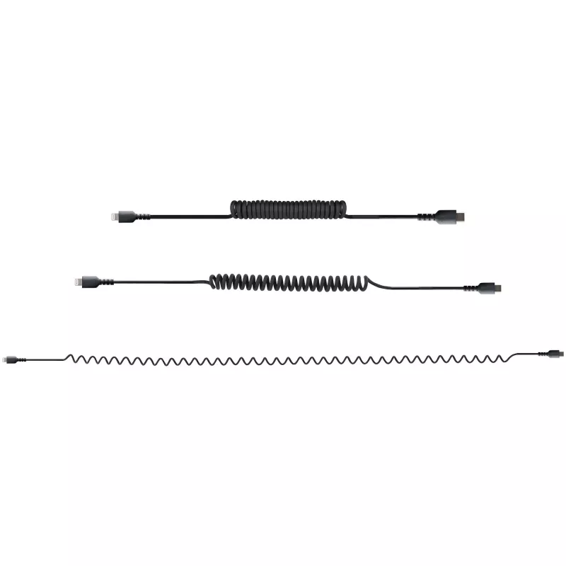 StarTech.com Cable USB-C a Lightning de 1m (3ft), certificado MFi, cable de carga iPhone en espiral, negro, funda TPE resistente de fibra de aramida, cable Lightning en espiral duradero