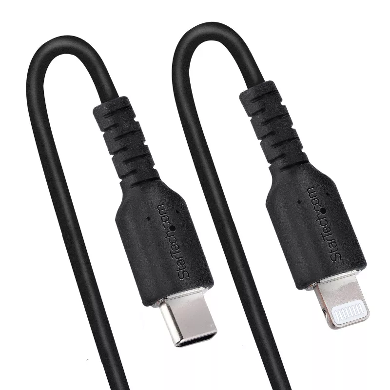 StarTech.com Cable USB-C a Lightning de 1m (3ft), certificado MFi, cable de carga iPhone en espiral, negro, funda TPE resistente de fibra de aramida, cable Lightning en espiral duradero