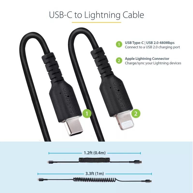 StarTech.com Cable USB-C a Lightning de 1m (3ft), certificado MFi, cable de carga iPhone en espiral, negro, funda TPE resistente de fibra de aramida, cable Lightning en espiral duradero
