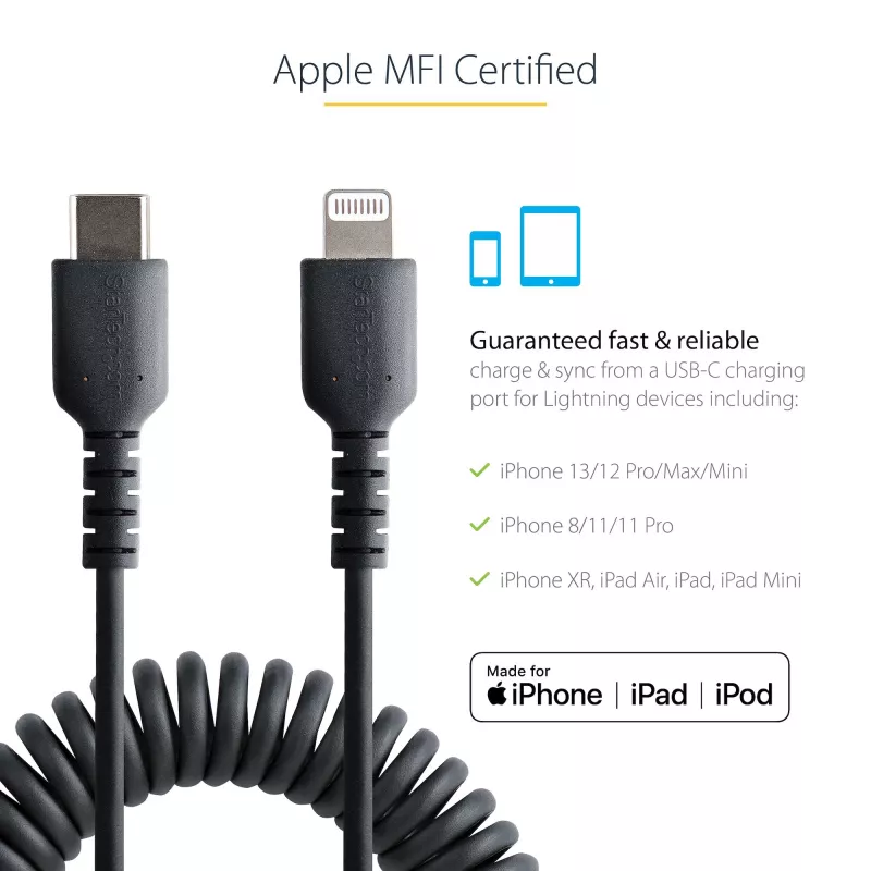 StarTech.com Cable USB-C a Lightning de 1m (3ft), certificado MFi, cable de carga iPhone en espiral, negro, funda TPE resistente de fibra de aramida, cable Lightning en espiral duradero