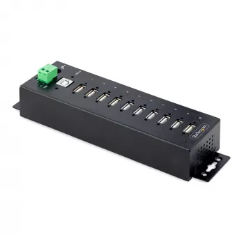 StarTech.com Hub USB 2.0 industrial de 10 puertos, hub USB robusto con protección ESD nivel 4, montaje en carril DIN/pared/mesa hub USB-A, expansión de puertos USB con conectores bloqueables, hub USB multipuerto
