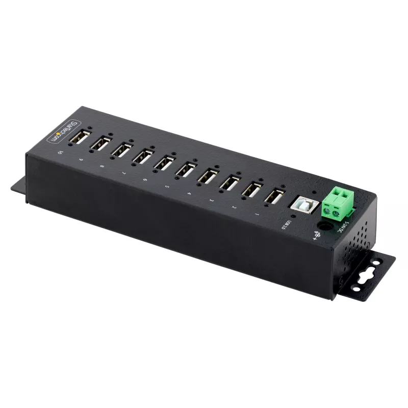 StarTech.com Hub USB 2.0 industrial de 10 puertos, hub USB robusto con protección ESD nivel 4, montaje en carril DIN/pared/mesa hub USB-A, expansión de puertos USB con conectores bloqueables, hub USB multipuerto
