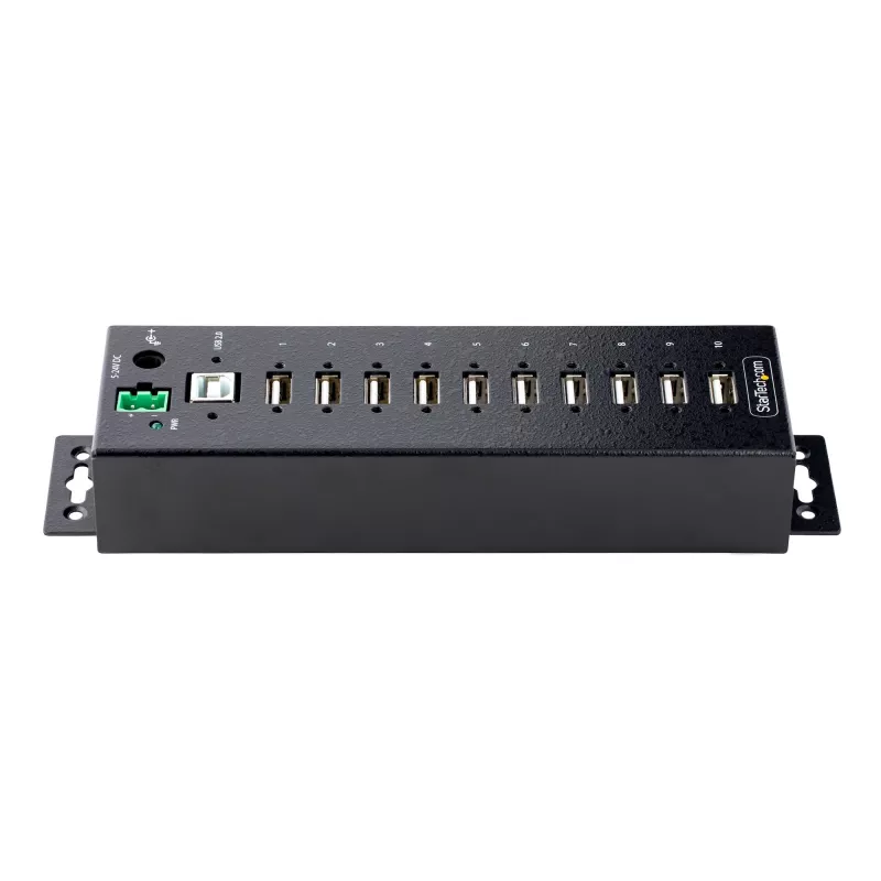 StarTech.com Hub USB 2.0 industrial de 10 puertos, hub USB robusto con protección ESD nivel 4, montaje en carril DIN/pared/mesa hub USB-A, expansión de puertos USB con conectores bloqueables, hub USB multipuerto