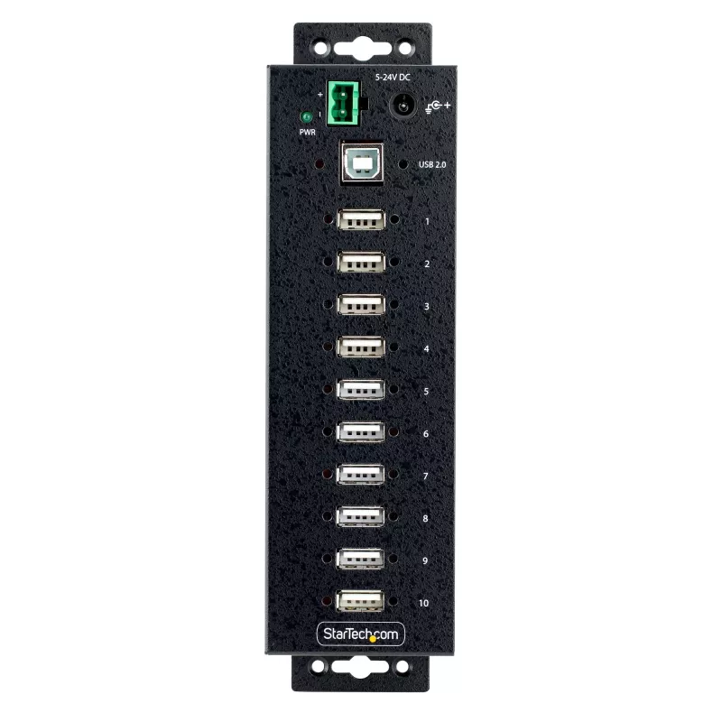 StarTech.com Hub USB 2.0 industrial de 10 puertos, hub USB robusto con protección ESD nivel 4, montaje en carril DIN/pared/mesa hub USB-A, expansión de puertos USB con conectores bloqueables, hub USB multipuerto