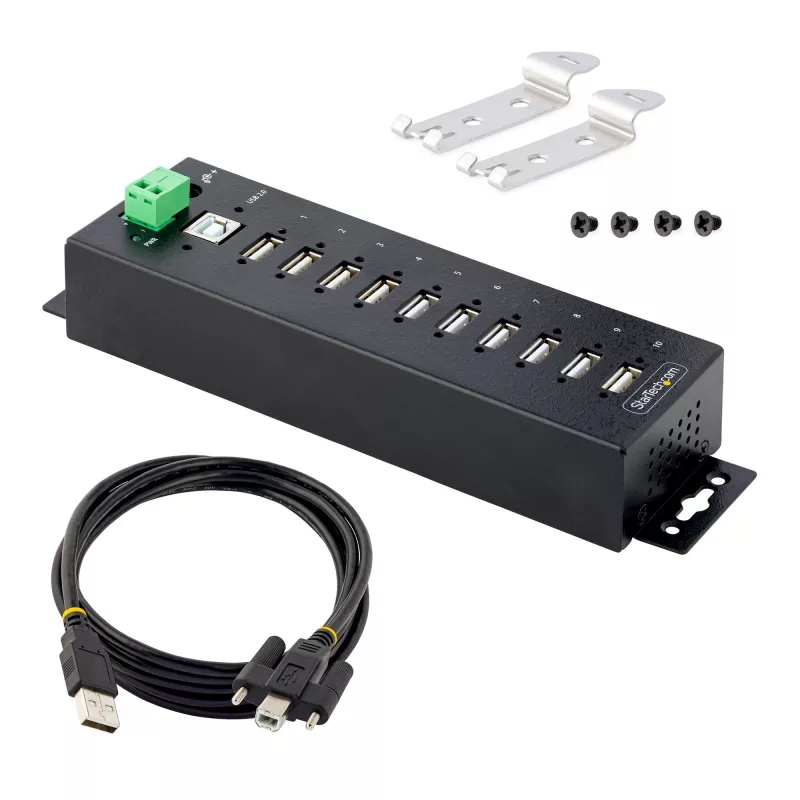 StarTech.com Hub USB 2.0 industrial de 10 puertos, hub USB robusto con protección ESD nivel 4, montaje en carril DIN/pared/mesa hub USB-A, expansión de puertos USB con conectores bloqueables, hub USB multipuerto