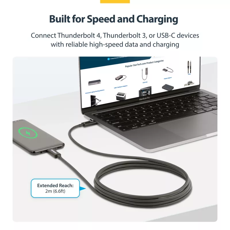 StarTech.com Cable Thunderbolt 4 activo de 2m, 40 Gbit/s, 100W Power Delivery, vídeo 4K/8K, cable Thunderbolt certificado por Intel – Compatible con USB4/Thunderbolt 4/USB 3.2/USB Type-C/DisplayPort/Thunderbolt 3