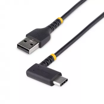 StarTech.com Cable de carga USB-A a USB-C de 15 cm, en ángulo – Cable USB-C de carga rápida resistente – negro, USB 2.0 A a Type-C – Fibra de aramida resistente – 3A – Cable USB de carga corto