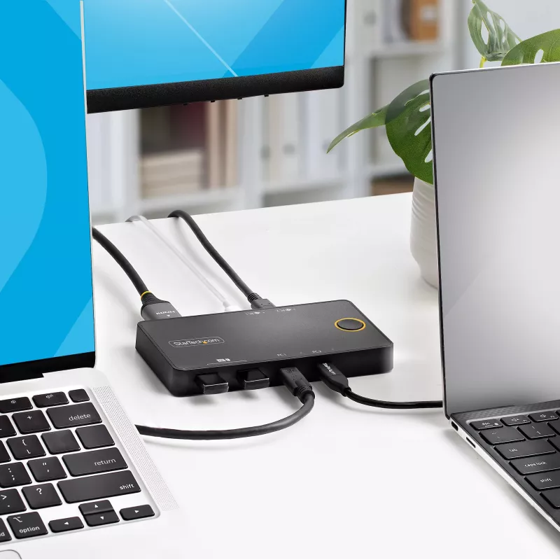 StarTech.com Switch KVM USB-C de 2 puertos, Monitor HDMI 4K 60Hz único, Puertos duales de 100W Power Delivery Pass-through, Alimentado por bus, Compatible con USB Type-C/USB4/Thunderbolt 3/4 – Factor de forma pequeño