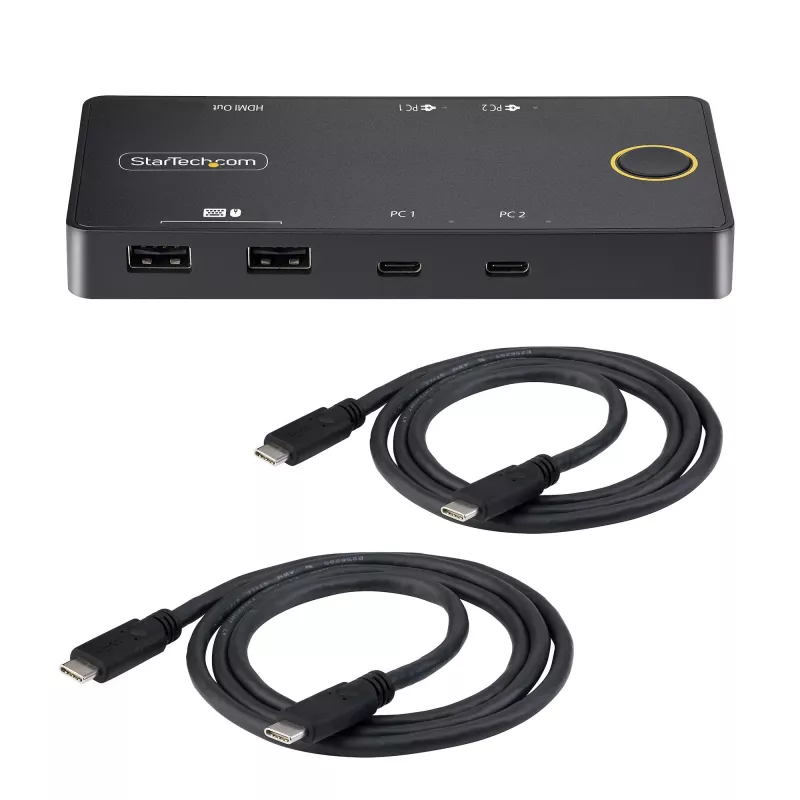 StarTech.com Switch KVM USB-C de 2 puertos, Monitor HDMI 4K 60Hz único, Puertos duales de 100W Power Delivery Pass-through, Alimentado por bus, Compatible con USB Type-C/USB4/Thunderbolt 3/4 – Factor de forma pequeño