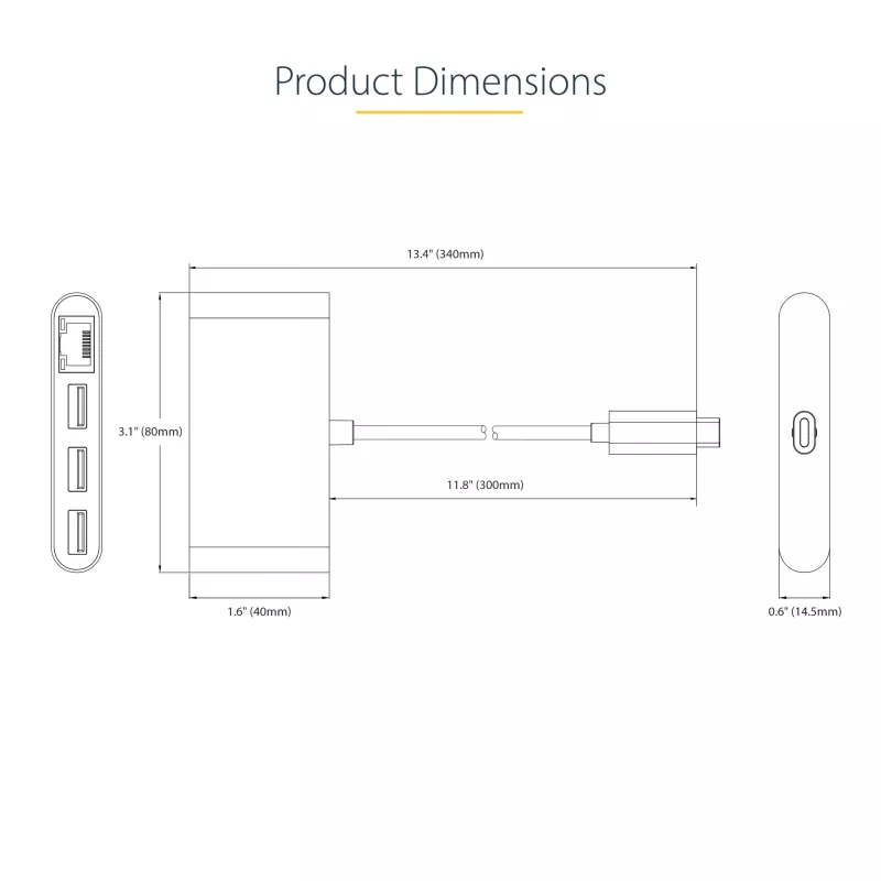 StarTech.com Hub USB-C de 3 puertos con Ethernet - 3x USB-A - Gigabit Ethernet - USB 3.0 5Gbps - alimentado por bus - Cable host USB Type-C de 1ft/30cm - GbE - Hub USB-C a USB-A portátil