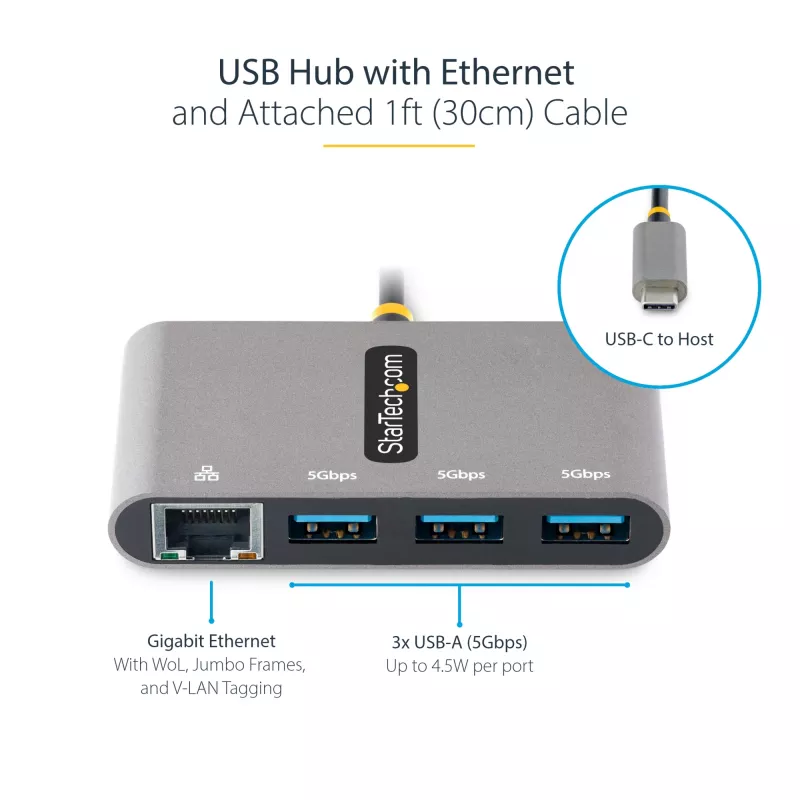 StarTech.com Hub USB-C de 3 puertos con Ethernet - 3x USB-A - Gigabit Ethernet - USB 3.0 5Gbps - alimentado por bus - Cable host USB Type-C de 1ft/30cm - GbE - Hub USB-C a USB-A portátil