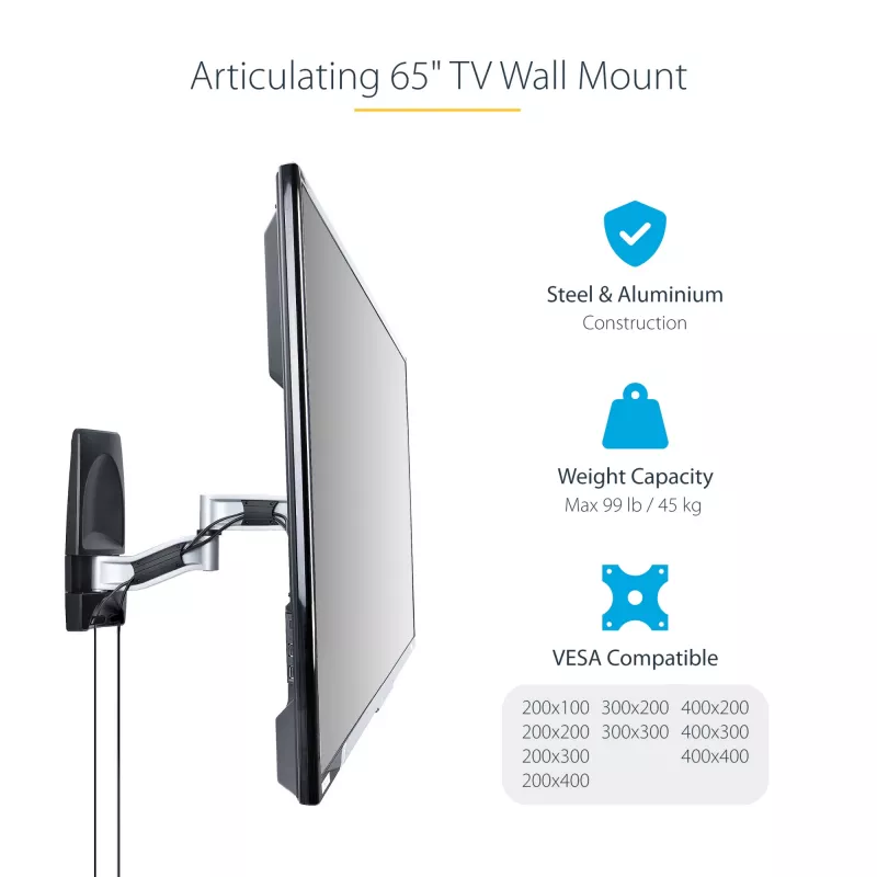 StarTech.com Soporte de pared para TV articulado, Soporte de pared VESA, compatible con televisores de 26 a 65 pulgadas/99 lb/planos/curvos, Soporte de pared plano extensible para TV, Soporte de pared para TV ajustable en esquina