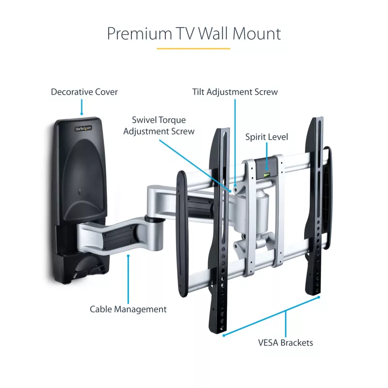 StarTech.com Soporte de pared para TV articulado, Soporte de pared VESA, compatible con televisores de 26 a 65 pulgadas/99 lb/planos/curvos, Soporte de pared plano extensible para TV, Soporte de pared para TV ajustable en esquina