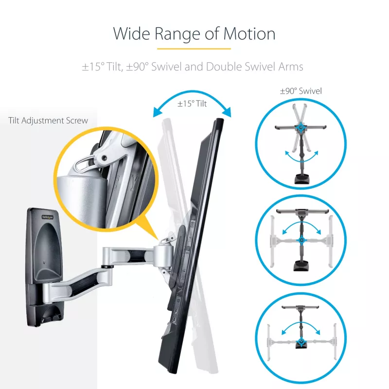 StarTech.com Soporte de pared para TV articulado, Soporte de pared VESA, compatible con televisores de 26 a 65 pulgadas/99 lb/planos/curvos, Soporte de pared plano extensible para TV, Soporte de pared para TV ajustable en esquina